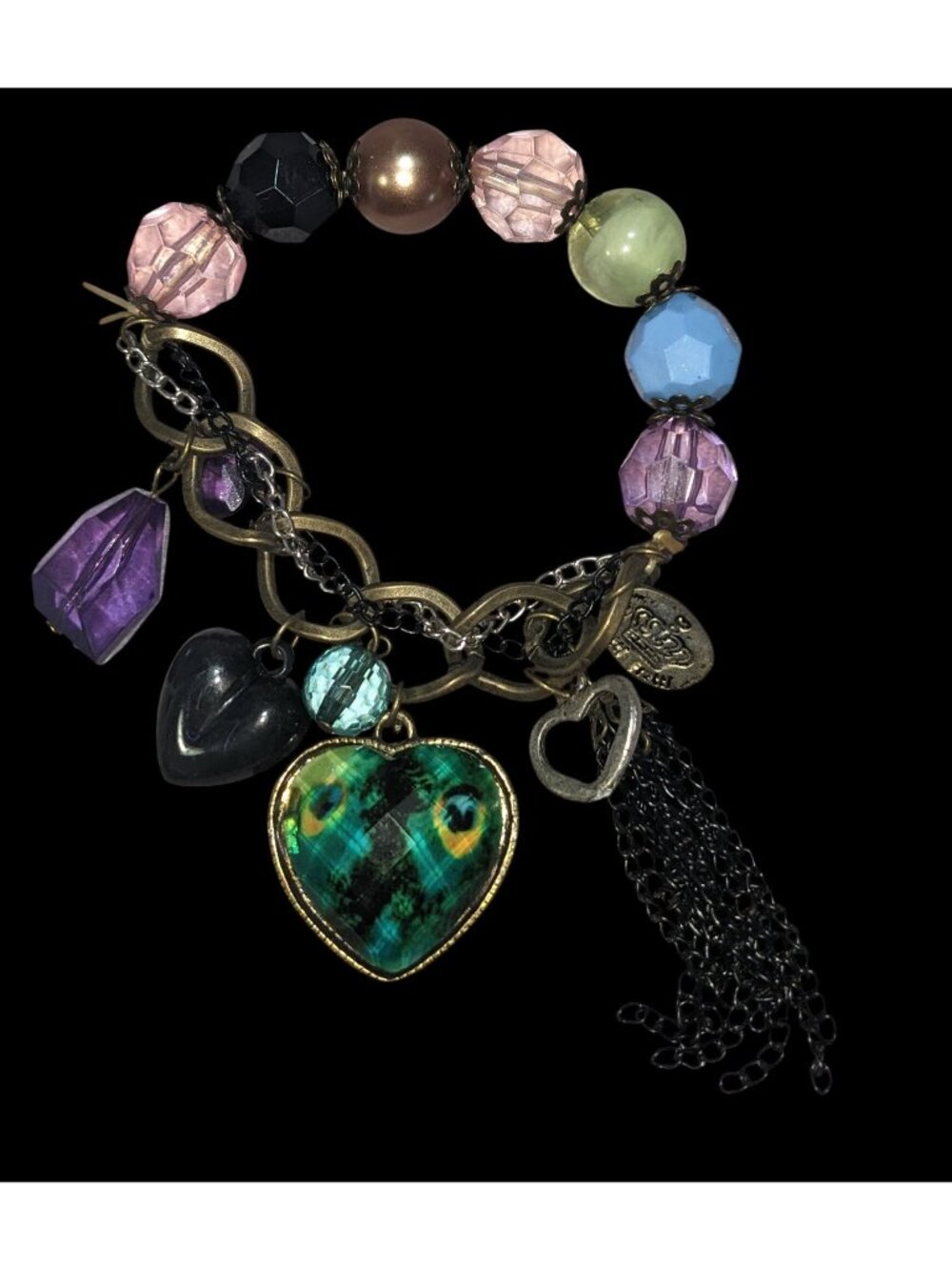 Boho Whimsy Tutti Frutti Peacock Heart Charm Beaded Bracelet